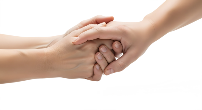 Close up of two hands clasped together in a gesture of support on transparent background