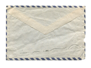 front view of old blue closed aged paper envelope with wrinkles and torn edges isolated on white