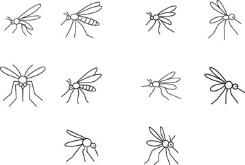 Mosquito Insect Line Art Icon Set: Pest, Disease, and Entomology Illustrations