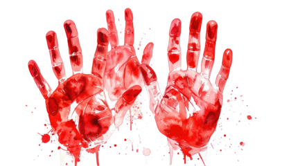 Red watercolor hands prints, stains, drops on black background