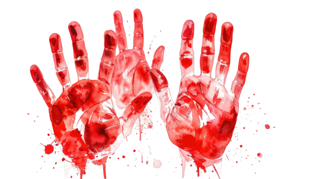 Red watercolor hands prints, stains, drops on black background