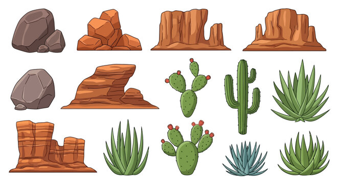 Vector illustration set of American desert nature icons featuring canyon rocks, saguaro cactus, and various succulent plants