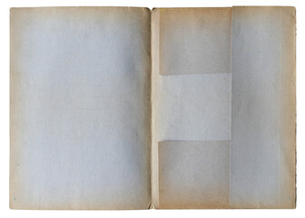 gray open file folder with aged stained empty pages isolated on white