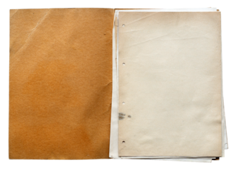 open file folder with aged light brown empty pages isolated on white