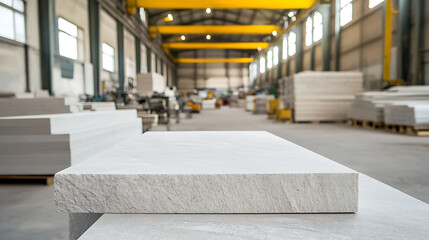Stone processing factory: a scene of industry, showcasing cut stone slabs in an organized indoor space. Overhead cranes, natural light, and architectural elements complement the image.