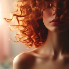 “Curly red hair shining in breeze, soft background, warm golden light.”