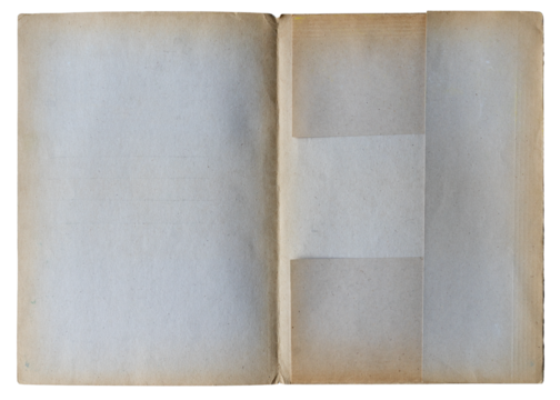 gray open file folder with aged stained empty pages isolated on white