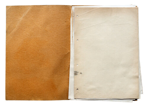 open file folder with aged light brown empty pages isolated on white