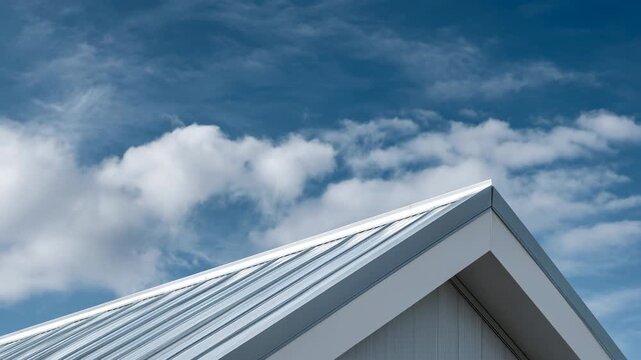 Metal rooftop peak and metal roof triangular gable blue sky with scattered cloud and clouds, calm modern roof architecture, clean lines