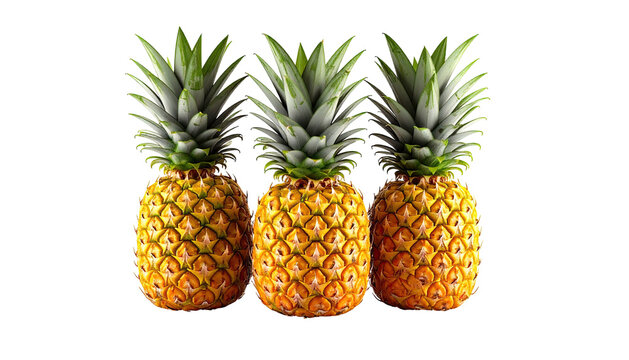 Three pineapples stand abreast against a black background