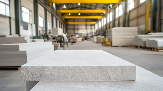 Stone processing factory: a scene of industry, showcasing cut stone slabs in an organized indoor space. Overhead cranes, natural light, and architectural elements complement the image.