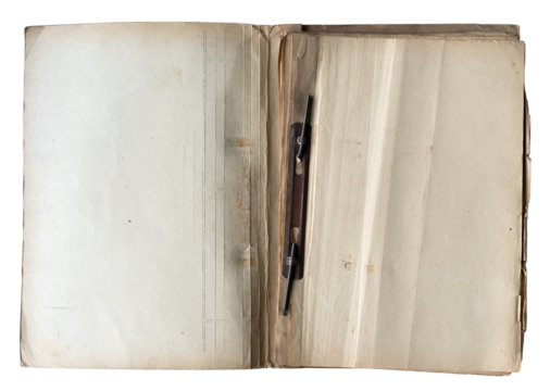 damaged file folder with vintage metallic binding isolated on white