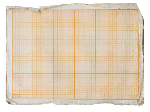 Vintage graph paper sheet with orange grid lines and worn torn edges