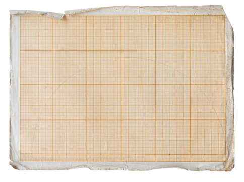 Vintage graph paper sheet with orange grid lines and worn torn edges