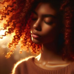 “Curly red hair shining in breeze, soft background, warm golden light.”