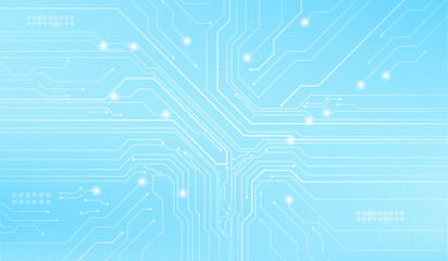 Abstract high tech circuit pattern on light blue background. Vector realistic illustration of white semiconductor lines connection, communication or information technology presentation template design
