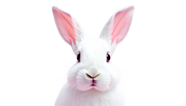 White rabbit face, front-view, long ears, pink inside, black background - Powered by Adobe