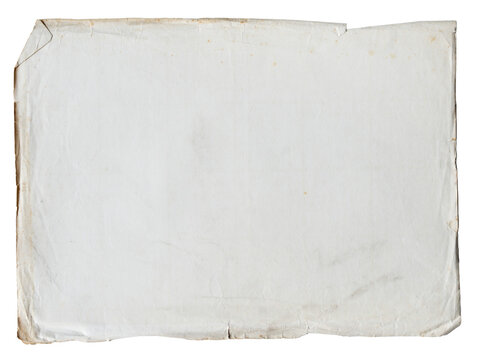 vintage aged empty blank paper page stained and dirty with wrinkled edges isolated on white
