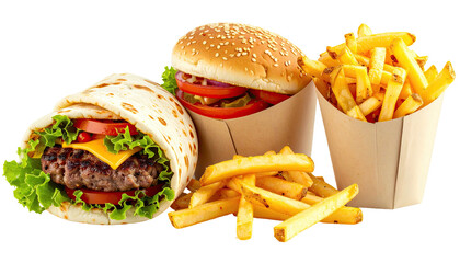 Sandwich, burger, and fries piled together, fast food still life