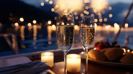 Champagne glasses and candles on a table with fireworks in the background, celebrating a special occasion, night