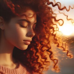 “Curly red hair shining in breeze, soft background, warm golden light.”