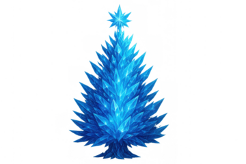 Sparkling blue crystal christmas tree with a star topper, creating a fantasy winter holiday theme. Transparent background