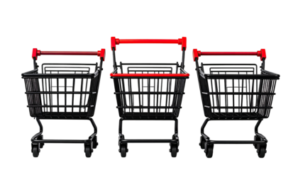 Three miniature black shopping carts with red handles aligned