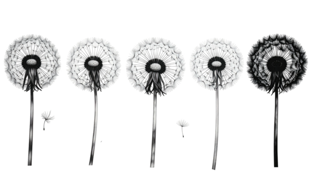Row of five dandelions in varied stages, on a black backdrop