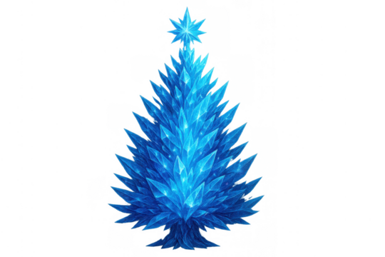 Sparkling blue crystal christmas tree with a star topper, creating a fantasy winter holiday theme. Transparent background