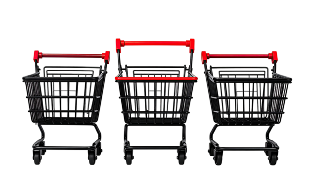 Three miniature black shopping carts with red handles aligned