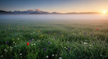 Misty Mountain Sunrise Over a Dewy Meadow with Wildflowers.
