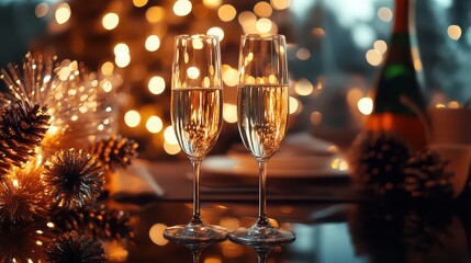 Festive new years eve celebration with champagne, christmas tree, and lights creating a cozy atmosphere