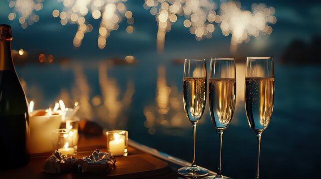 Elegant new years eve celebration with champagne glasses and fireworks over a tranquil lake at night - Powered by Adobe
