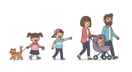 Illustrative cartoon depiction of a family on a leisurely walk together in the park