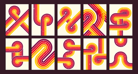 Plakat Retro 80s background pattern set with curve line design in vintage color palette. Geometric abstract 70s compositions with flowing stripes and shapes for nostalgic graphic decorative posters.