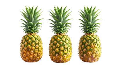 Three vibrant pineapples isolated on a solid black backdrop