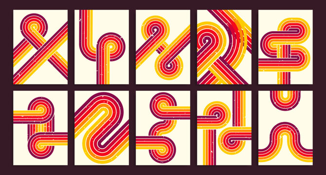 Retro 80s background pattern set with curve line design in vintage color palette. Geometric abstract 70s compositions with flowing stripes and shapes for nostalgic graphic decorative posters.