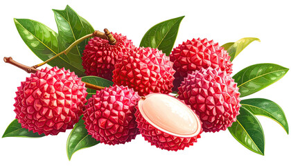 Cluster of lychees with vibrant red skin and green leaves