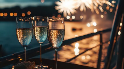 Three champagne glasses stand on a railing, fireworks burst in the night sky, creating a festive atmosphere