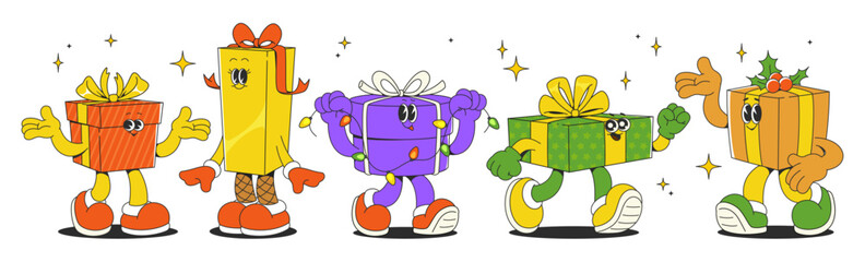 Retro groovy cartoon gift box characters - funny party presents mascots in vibrant colors. Christmas or birthday packages set with expressive faces, ribbons and bows for xmas celebration design.