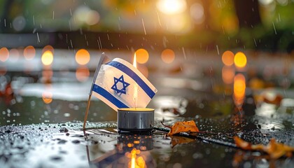 Israeli flag in candle holder on wet ground with raindrops, autumn leaves, and glowing candlelight in solemn tribute scene.
