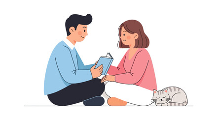 Fototapeta premium Cozy Illustration of a Couple Reading Together with a Sleeping Cat in Minimalist Style