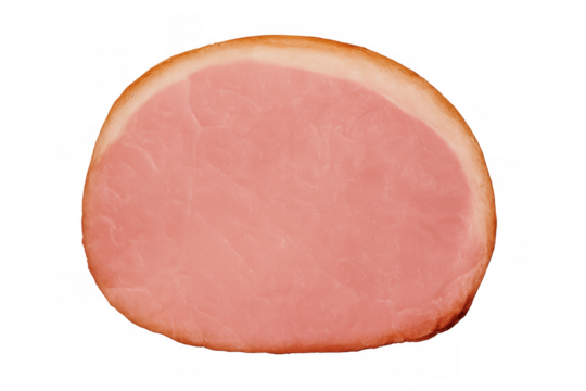 Sliced ham, a single round piece of pink cured deli meat. Food ingredient on a transparent background