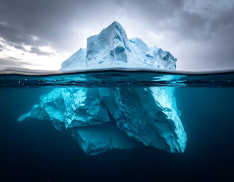 An iceberg partially submerged in a tranquil blue ocean, under a cloudy sky - Powered by Adobe