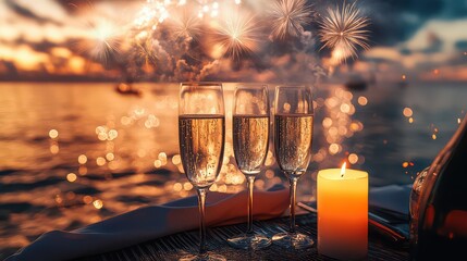 Three champagne glasses sit on a table with fireworks in the background, creating a festive and celebratory scene