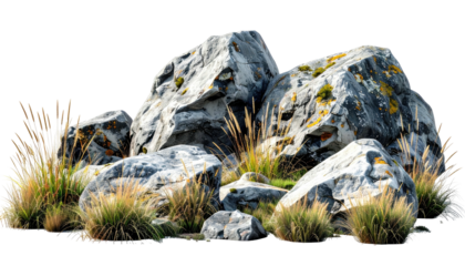Rough gray rocks with dry grass, isolated on black background