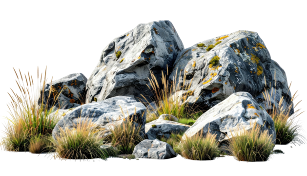 Rough gray rocks with dry grass, isolated on black background