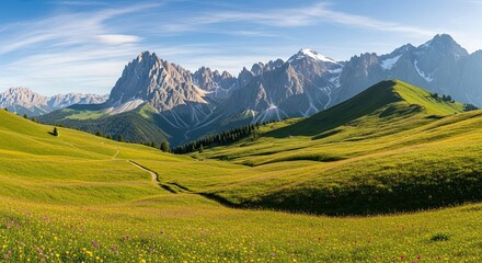 Scenic Dolomites landscape with green meadows and majestic mountains.