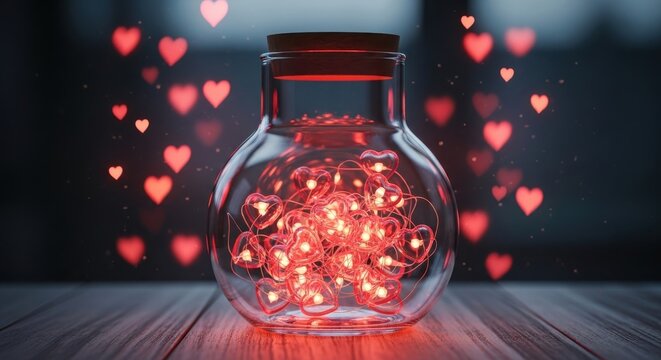 Jar Filled With Glowing Red Hearts Floating Around