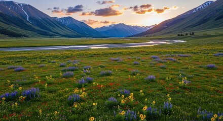 Vast Mountain Valley Meadow with Wildflowers and River at Sunset.